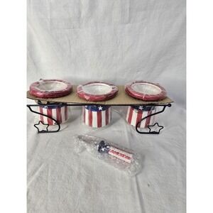 Avon Americana Condiment Set‎ 3 Ceramic Bowls Spreader Metal Rack F3613461 2012